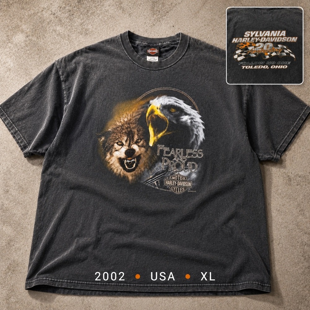 Vintage Y2K Harley-Davidson Wolf & Eagle Great Fade T-Shirt XL USA Made Ohio‎